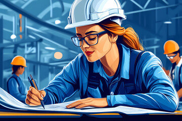 A cartoon illustration of a woman engineer, architect working on project, in a helmet, vector style