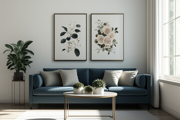 Beautiful House or apartment livingroom interior design for a mockup home decor model concept, Sofa with pillows and abstract poster art, bright sun light coming through windows