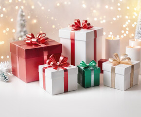 Obraz premium Various shapes Christmas boxes pile wrapped in white paper with decoration. Romantic atmosphere in front of beautiful Christmas lights. Festive mood. Dept of field