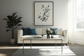 Beautiful House or apartment livingroom interior design for a mockup home decor model concept, Sofa with pillows and abstract poster art, bright sun light coming through windows