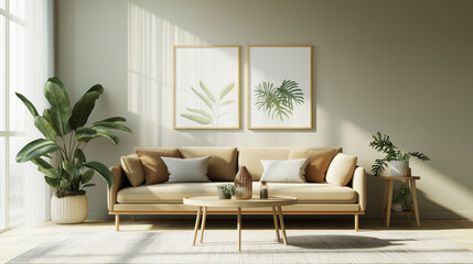Beautiful House or apartment livingroom interior design for a mockup home decor model concept, Sofa with pillows and abstract poster art, bright sun light coming through windows