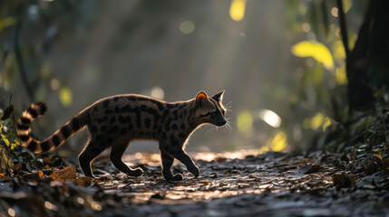 Banded Civet Walking on Forest Path in Sunlight