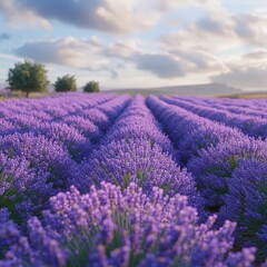 Sunset over a peaceful lavender field with golden light