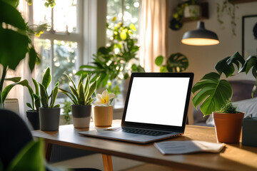 Fototapeta premium Modern home office with laptop and plants, mobile friendly