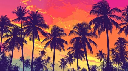 Obraz premium tropical silhouette composition featuring a variety of palm tree shapes dramatic sunset sky creates a striking contrast perfect for travel and vacation imagery