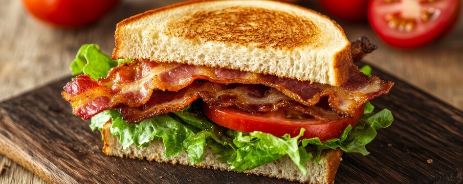 A classic BLT sandwich with crispy bacon, fresh lettuce, and ripe tomatoes, served on toasted bread