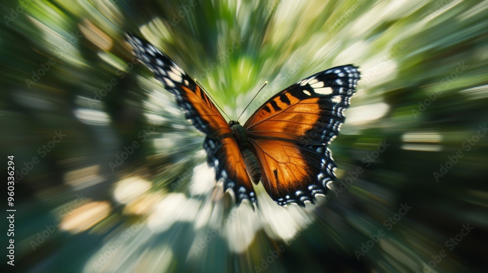 Poster an artistic shot of a butterfly in mid-flight, with its wings spread wide and blurred background, cr