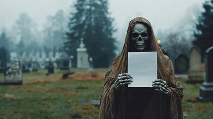 Eerie Skeleton Shrouded in Aged Cloth Amidst Graveyard.