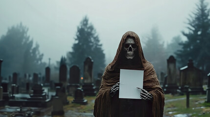 Eerie Skeleton Shrouded in Aged Cloth Amidst Graveyard.