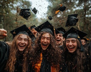 Obraz premium Joyous Graduates: Friends Celebrating Graduation by Throwing Caps in the Air