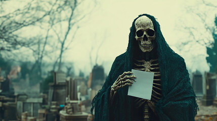 Eerie Skeleton Shrouded in Aged Cloth Amidst Graveyard.