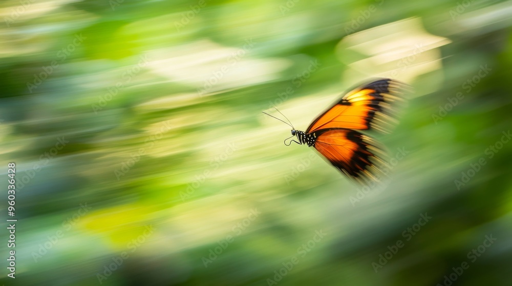 Poster an artistic shot of a butterfly in mid-flight, with its wings spread wide and blurred background, cr