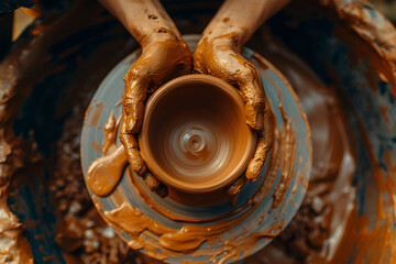 Potter's hands while working on the wheel, top view with dark background. Master makes a pot on a potter's wheel
