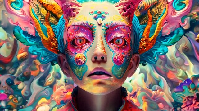 Psychedelic Entity With Colorful Patterns and Surreal Horns in a Dreamlike Realm