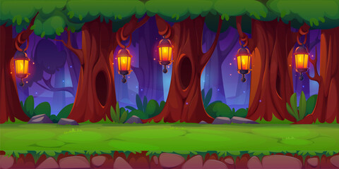 Night forest game landscape with magic lanterns. Cartoon vector dark enchanting wood scene with glowing lamps hanging amidst tall trees, illuminating the path. Magical, fantasy game level background © Vector Tradition