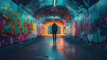Fototapeta premium tunnel vision colorful graffiti in urban tunnel female perspective photography