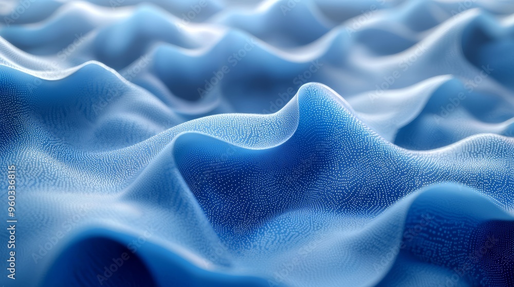 Poster flowing waves of blue fabric create a textured surface in an artistic display of color and movement 