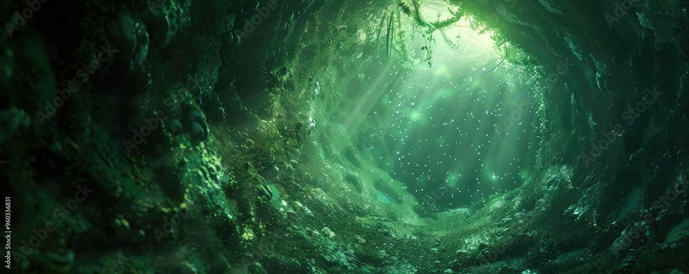 Poster a mesmerizing underwater scene showcasing ethereal light filtering through sea vegetation, creating 