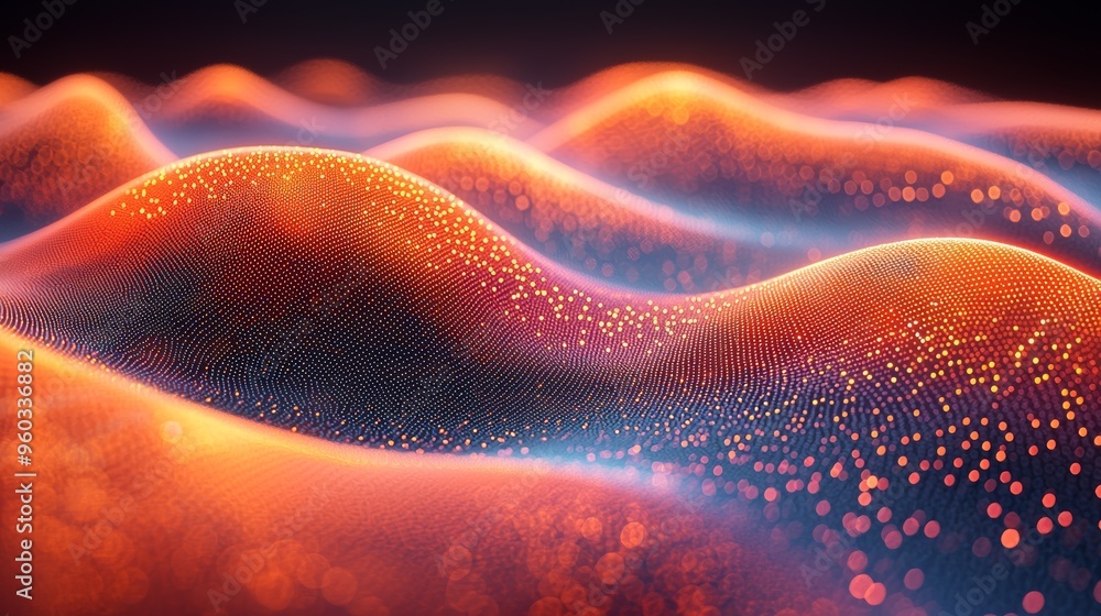 Poster Abstract representation of wave patterns with glowing particles in warm hues during a digital art creation process