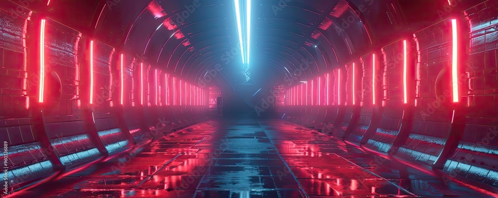 Poster futuristic corridor illuminated by neon lights, creating a vibrant atmosphere with reflections on a 