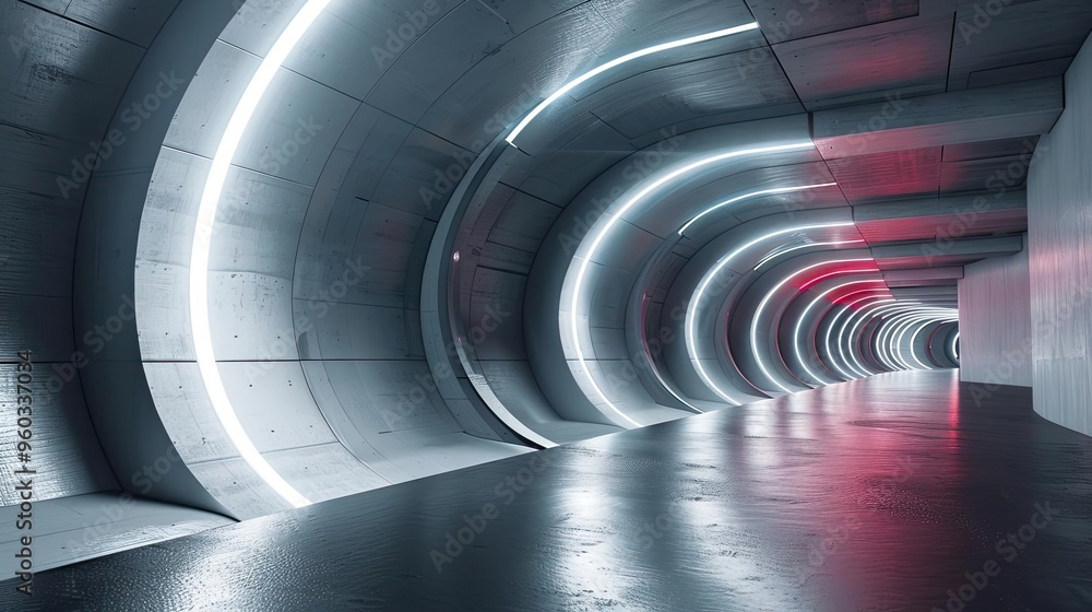 Poster futuristic tunnel interior with sleek curves and glowing lights, creating a modern and minimalistic 