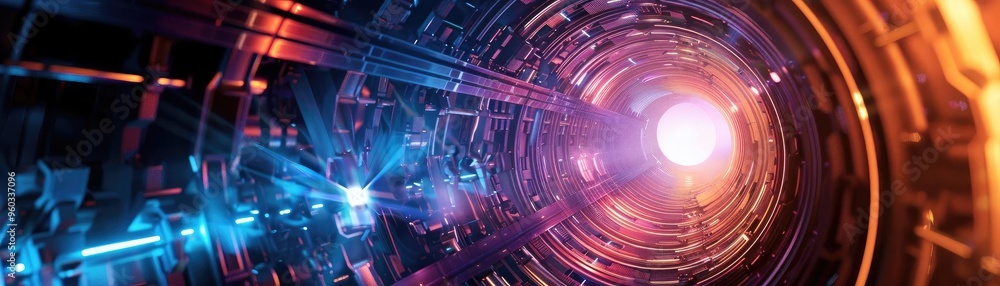 Poster futuristic tunnel design featuring vibrant colors and dynamic light patterns, perfect for digital an