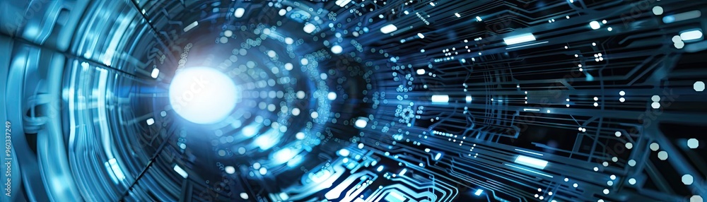 Poster futuristic tunnel with glowing lights and digital patterns, symbolizing advanced technology and inno