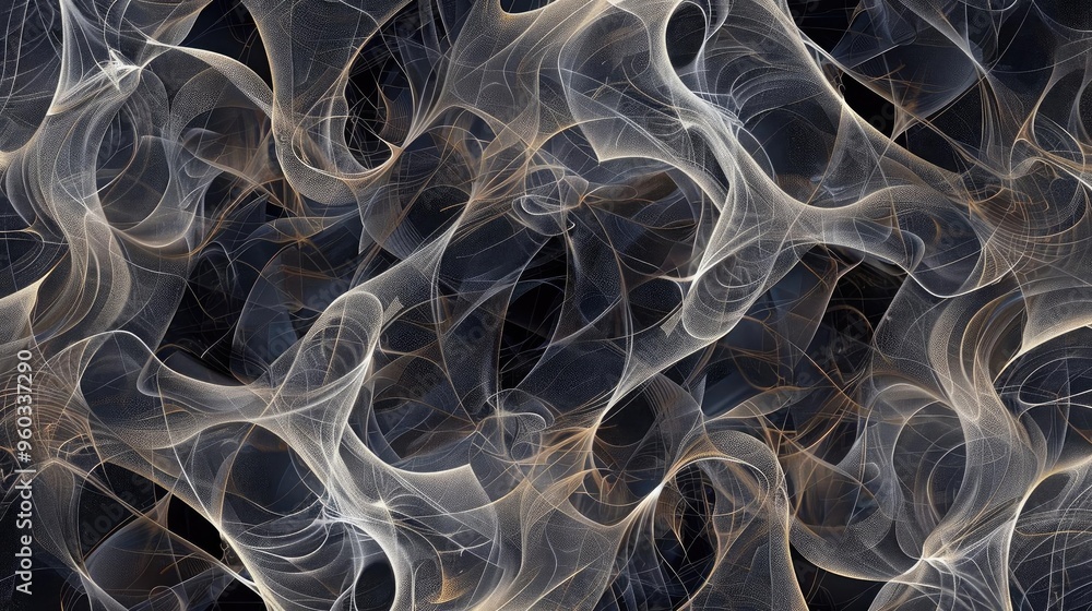 Poster abstract digital art featuring elegant swirls and flowing lines in soft colors, creating a serene an