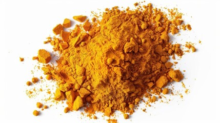 turmeric powder pile isolated on white vibrant yellow spice heap top view food photography