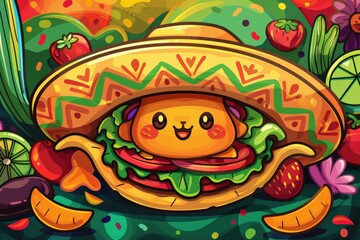 A cheerful and colorful taco cartoon character with big eyes and a festive sombrero, adding a fun and playful vibe to the Mexican food theme.
