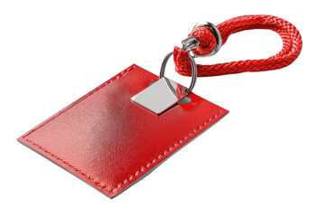 Fototapeta premium A vibrant red keychain tag with a metal attachment, perfect for personalizing bags or keys. Ideal for promotions and giveaways.