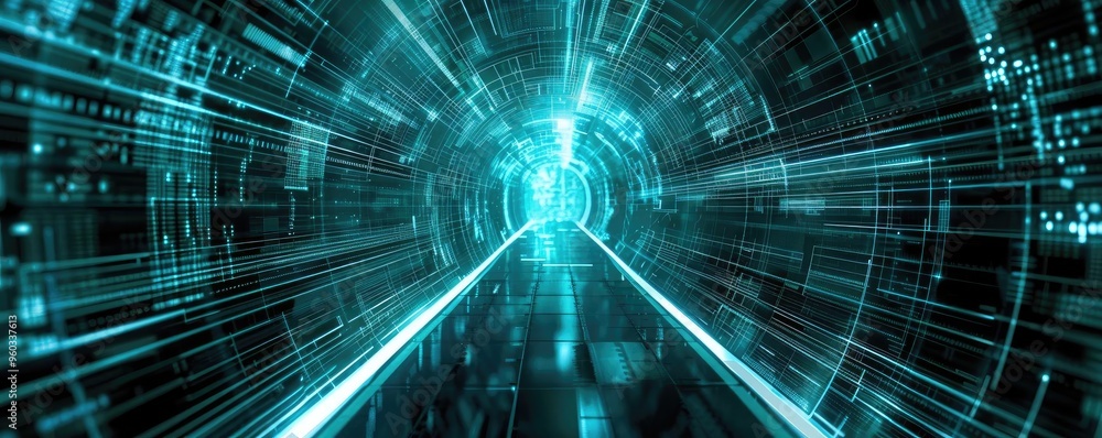 Poster a futuristic tunnel filled with bright blue light and digital patterns, representing speed and advan