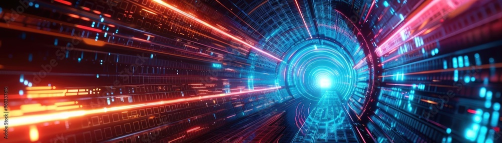 Poster futuristic tunnel with vibrant lights and digital patterns, conveying speed and technology in a mesm