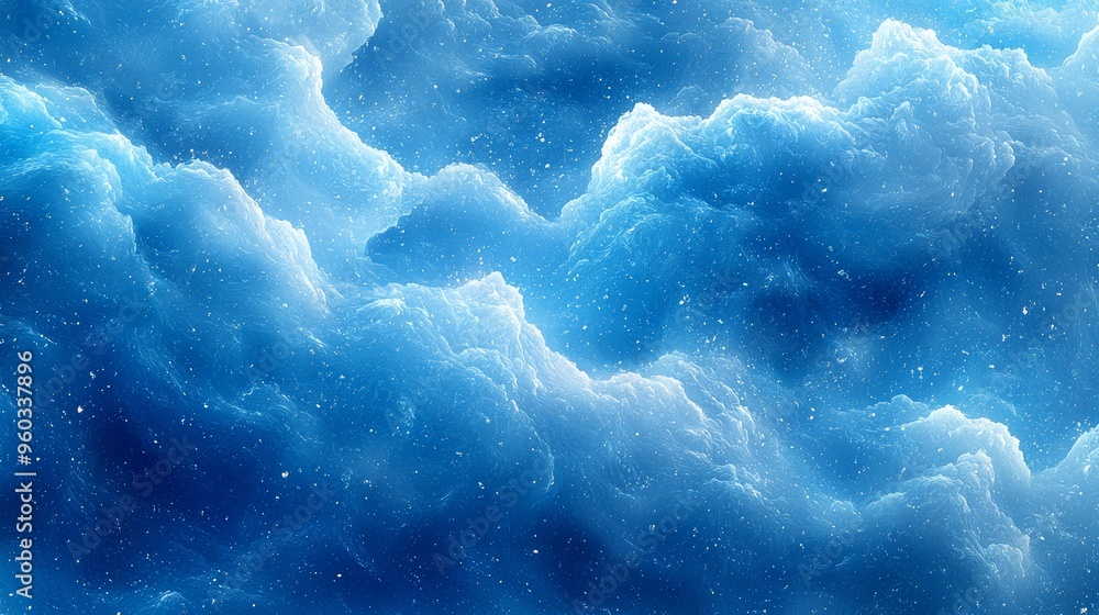 Poster vibrant blue clouds fill the sky, creating a serene atmosphere with soft swirls and textures during 