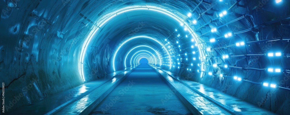 Poster a futuristic tunnel illuminated with vibrant blue lights, creating a captivating and mysterious atmo