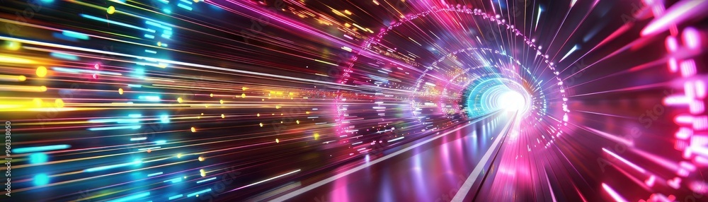 Poster colorful light streaks create a dynamic tunnel effect, conveying energy and motion in a digital spac