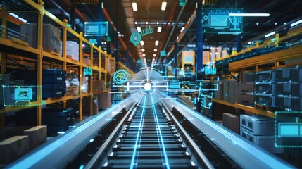 Fototapeta premium Futuristic Automated Warehouse with Smart Technology and Conveyor Belts