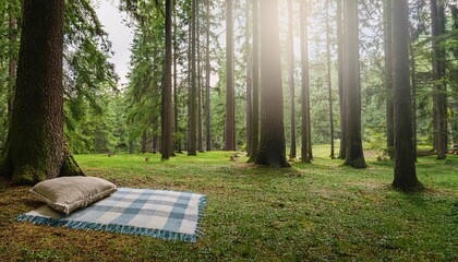 A peaceful forest glade with a cozy blanket spread under a canopy of tall trees, providing a perfect spot for a restful nap amidst nature