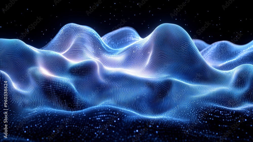Poster abstract digital landscape with glowing wave patterns against a starry background showcasing a futur