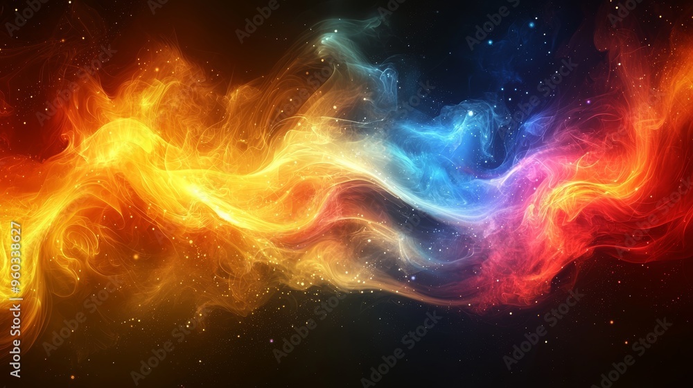 Poster vibrant abstract design featuring swirling colorful patterns resembling cosmic energy in a dark back
