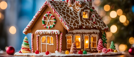 gingerbread house decorations, focusing on the intricate icing details, colorful candy, and soft, warm light creating a cozy festive ambiance, AI generated