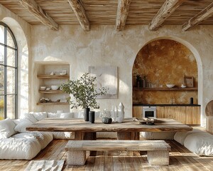 Serene Minimalist Dining Room with Wooden Table and Thoughtful Decor Accents