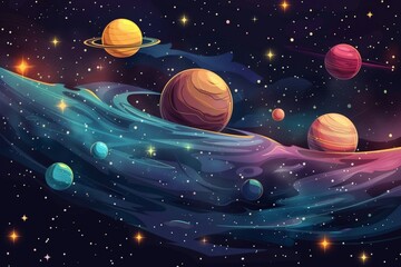 A playful illustration of a cartoon universe with vibrant planets, colorful stars, and whimsical cosmic elements, showcasing a creative vision of outer space.