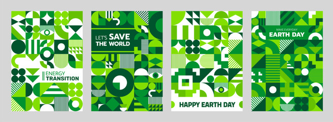 Environment and earth day ecology posters with green modern geometric pattern. Vector background or cover template for April 22 celebration. Save the world and energy transitions vertical banner, card