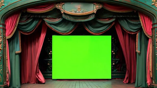 Vintage Theatre Stage With Red Curtains Opening to Reveal Green Screen for Custom Content