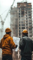 Fototapeta premium Construction Workers Reviewing Blueprint at Building Site