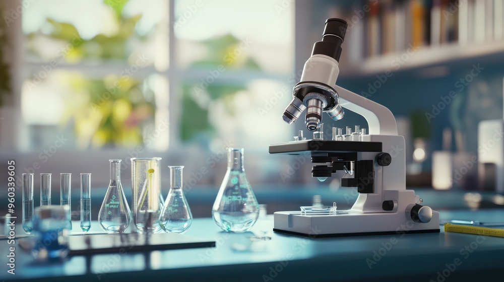 Poster a laboratory setup featuring a microscope and various glassware, creating a vibrant and focused scie