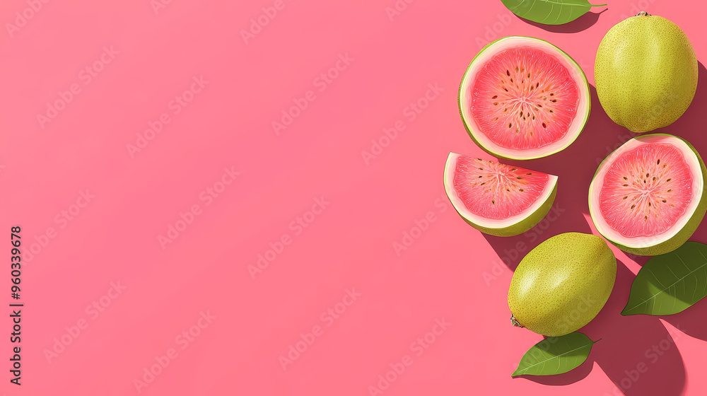 Poster fresh guava slices and whole fruits on pink background create vibrant and inviting scene. interplay 