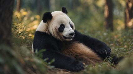 Obraz premium A cute panda in a forest or garden sitting and relaxing.
