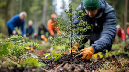 Planting trees in forest restoration project, volunteers work together to nurture environment. Their efforts contribute to greener future.